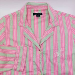 Lauren Ralph Lauren Women's Large Sleepshirt Green Pink Stripes Monogram Cotton